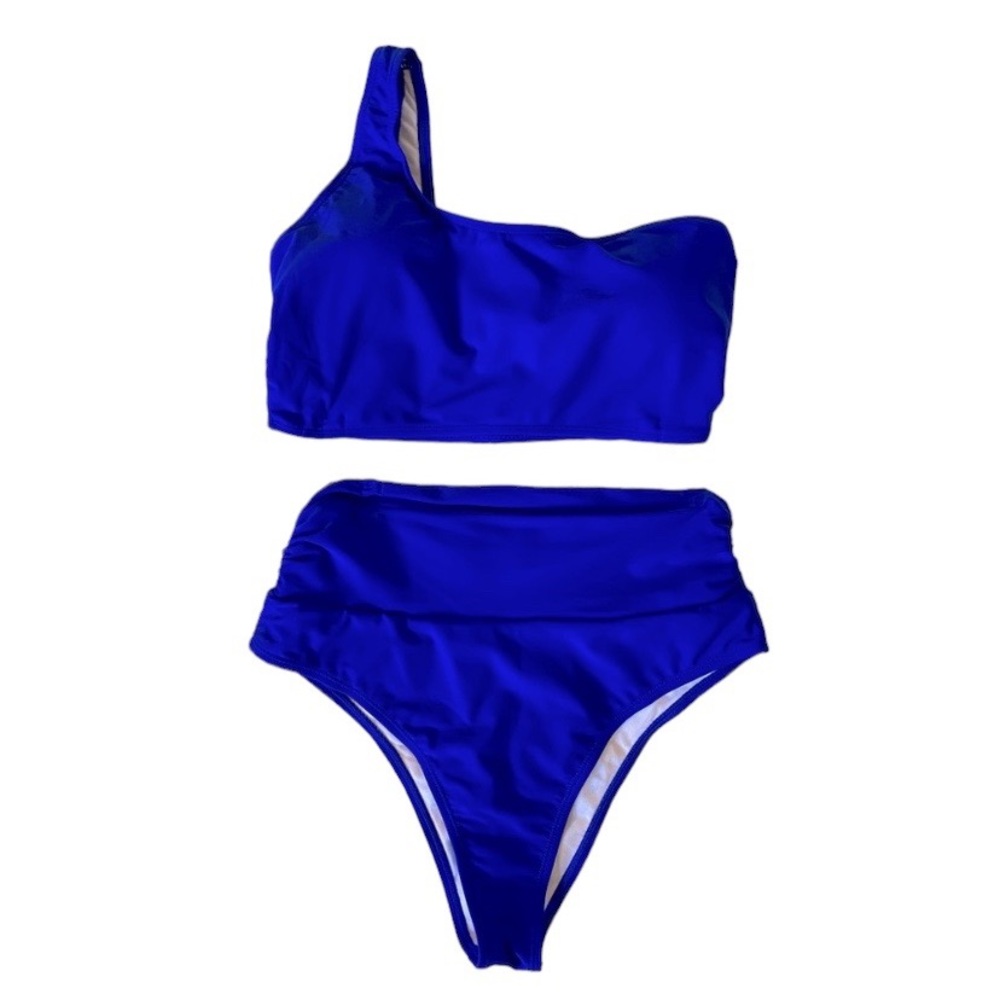 High waist high cut one shoulder bikini Royal blue bow in back size large NWT